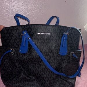 Michael Kors Black MK Monogram Tote with Blue Trim and Straps